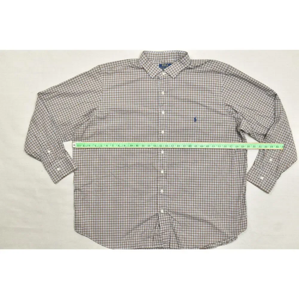 Polo Ralph Lauren Shirt 3XB Brown Blue Plaid Check 100% Cotton Stretch Long Slee